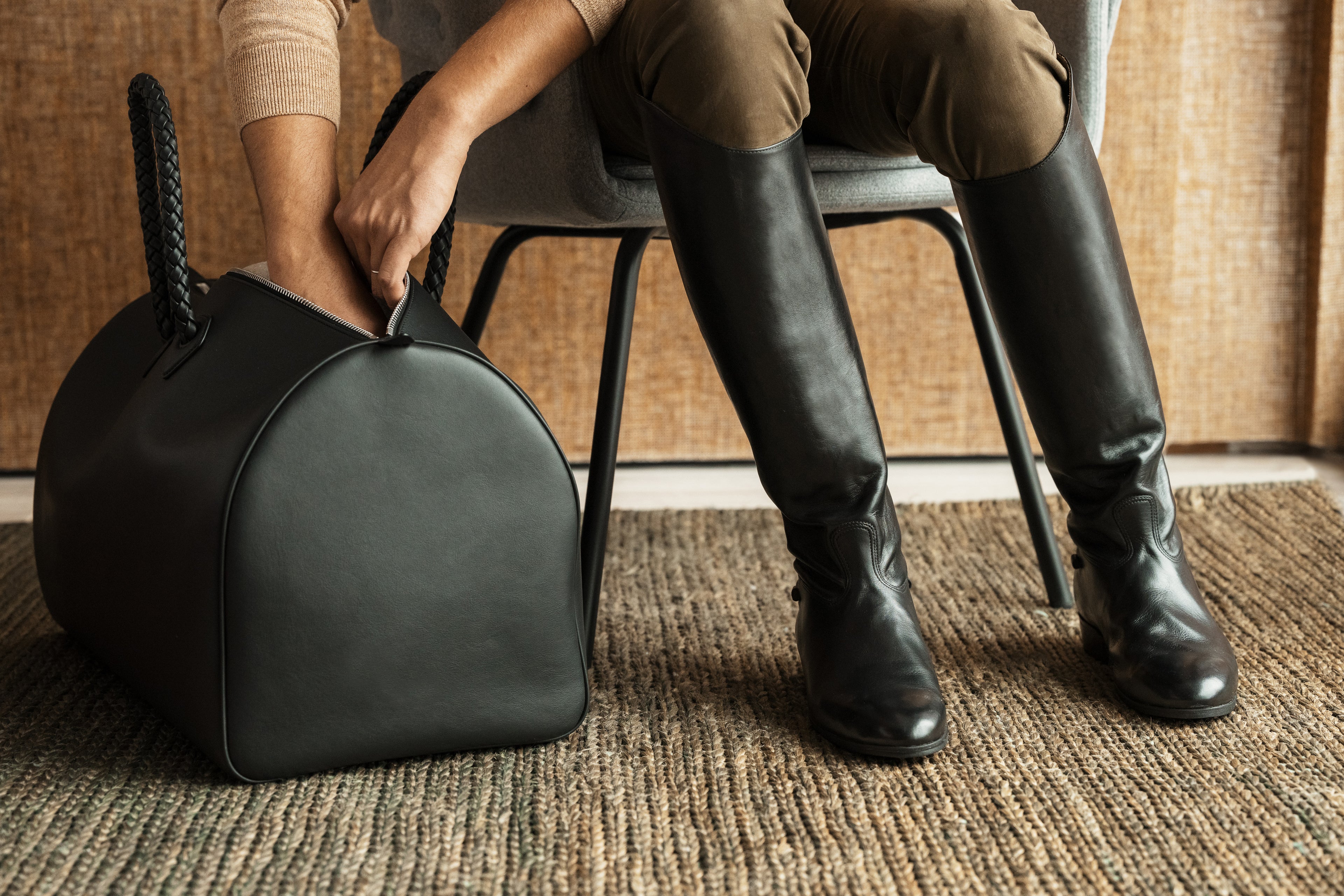 Black leather tote weekender bag