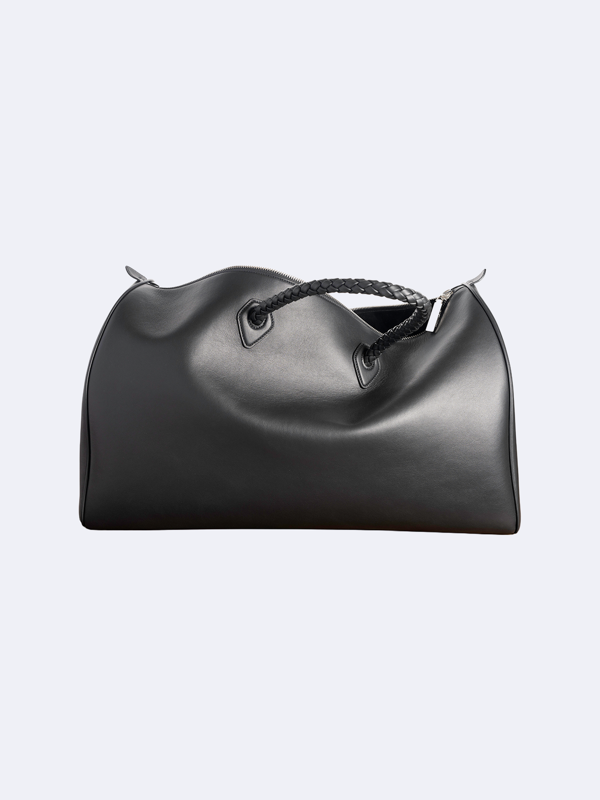 Black calfskin leather weekender tote bag