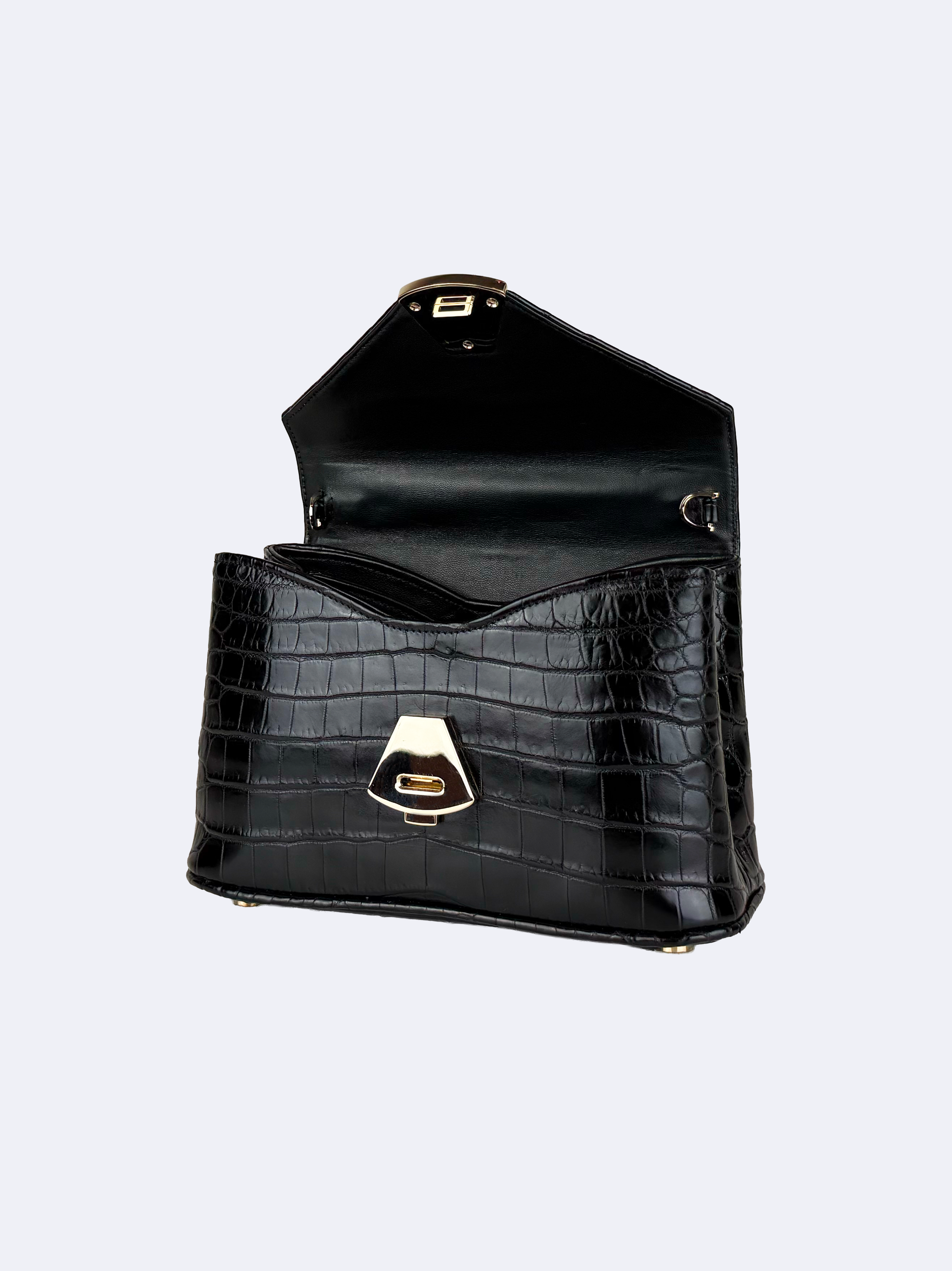 Black handbag in crocodile skin