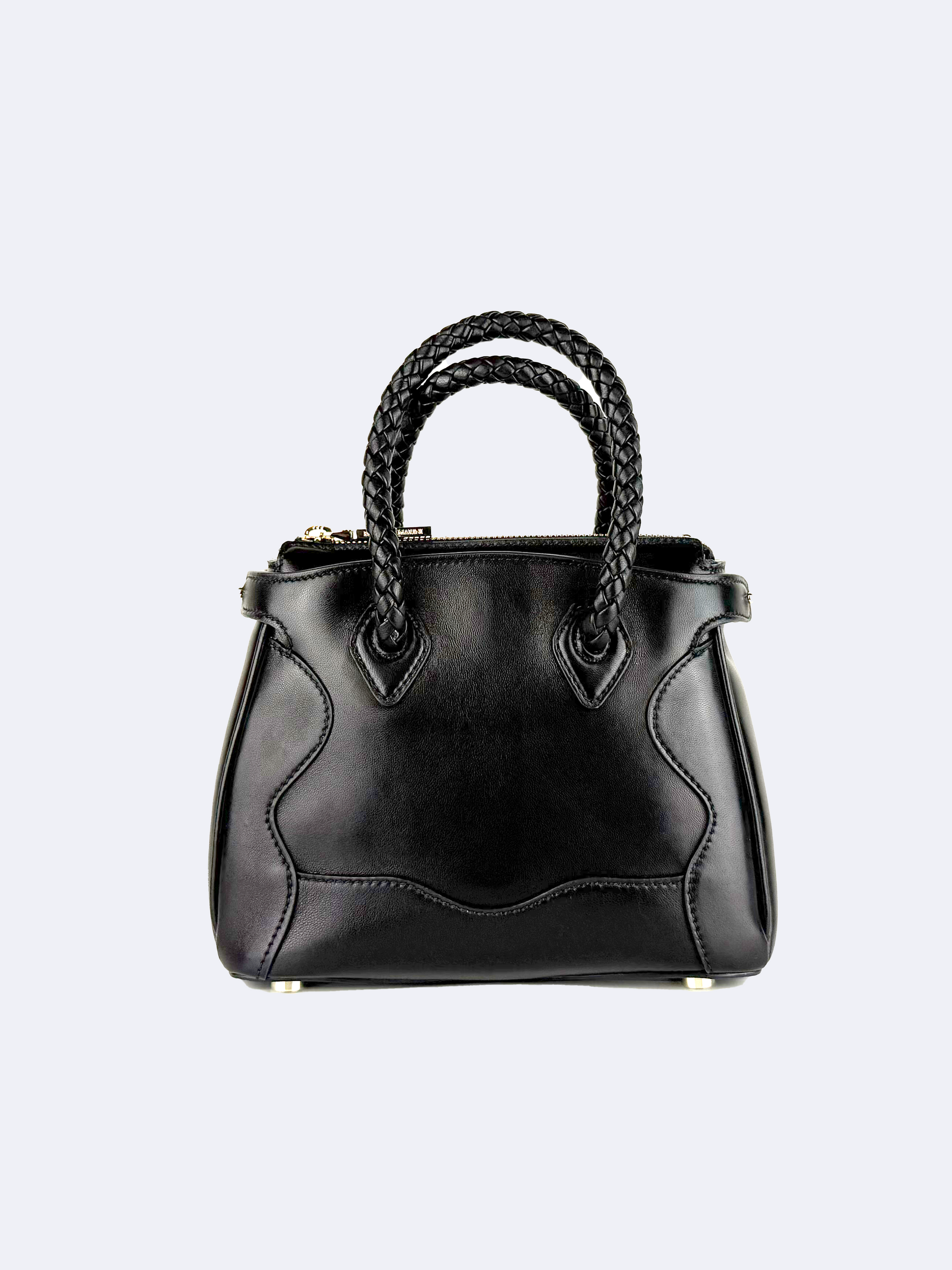 Black leather handbag with braided handle